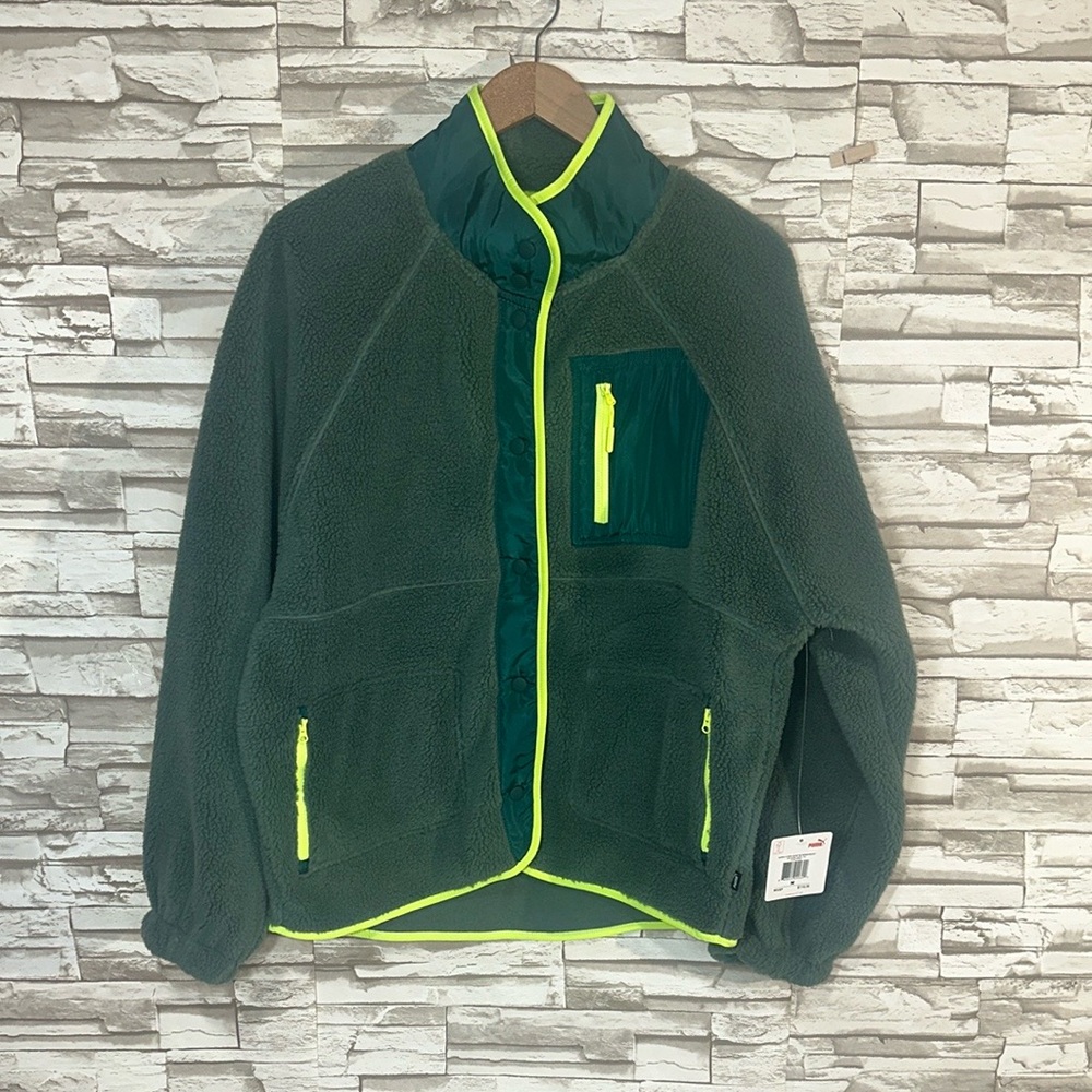 PUMA Sherpa Fleece Jacket Green with Neon Accents
